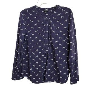 Talbots Dalmation Dog Popover Top Size 14 Womens Blue Partial Button Front